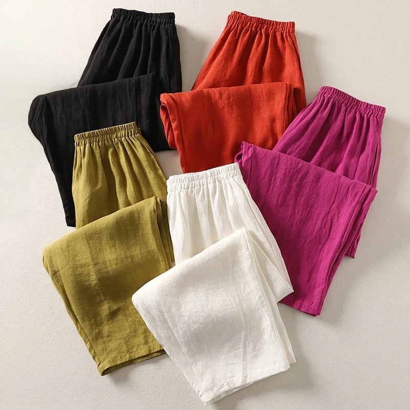 Folded flat lay of linen summer trousers