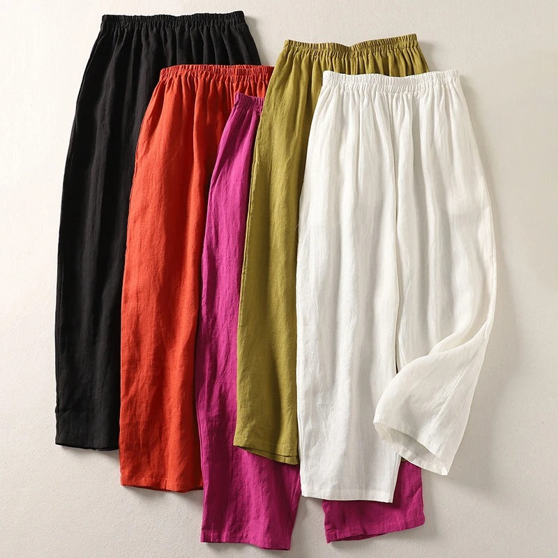 Model wearing linen summer trousers outfit