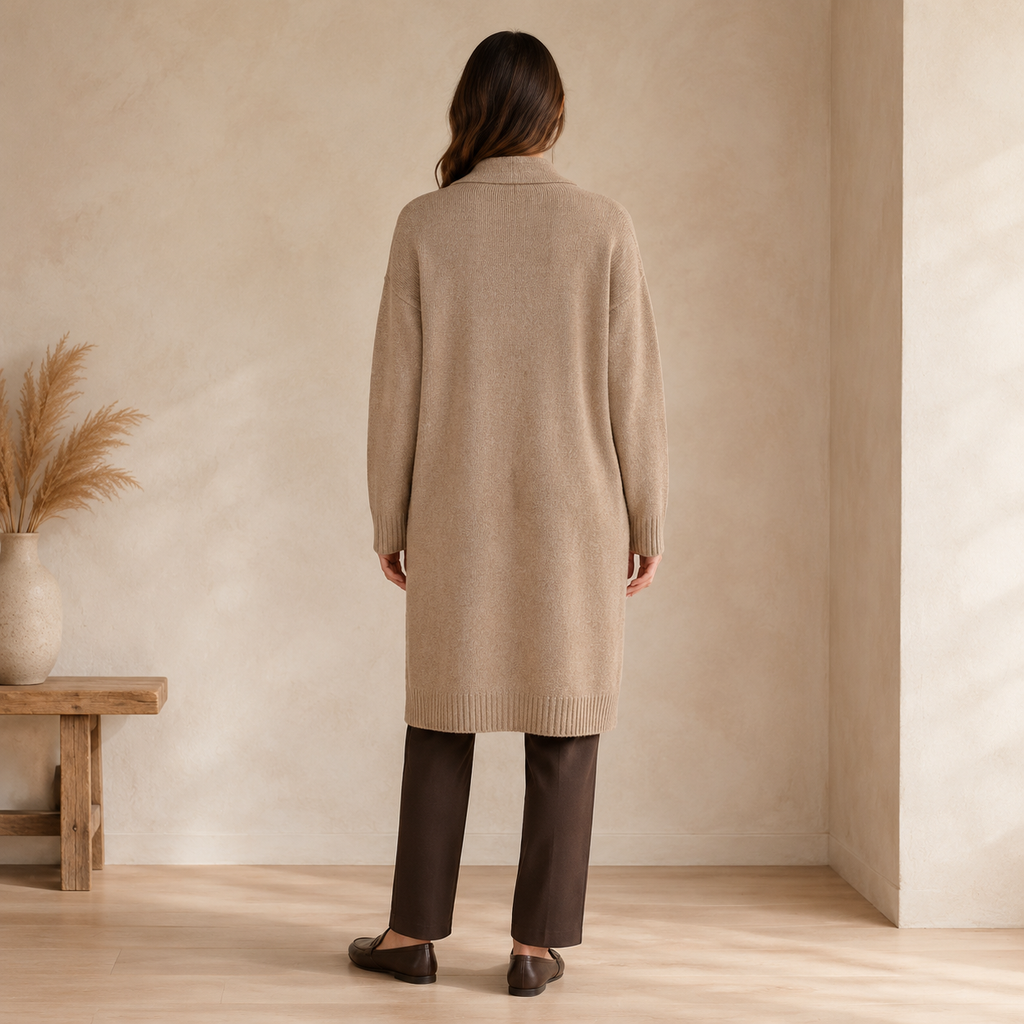 Woman wearing long open-front cardigan