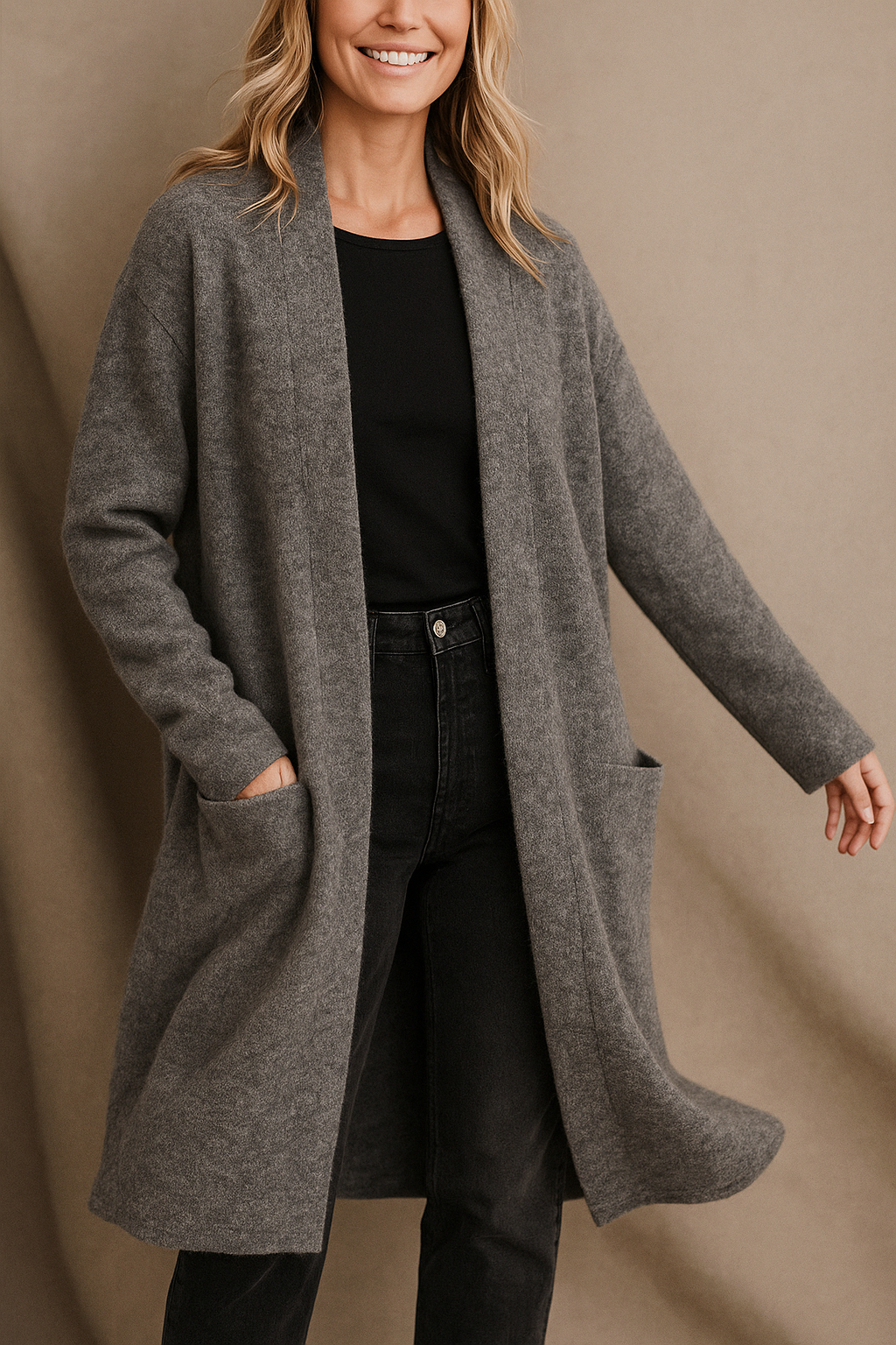 Long cardigan side view