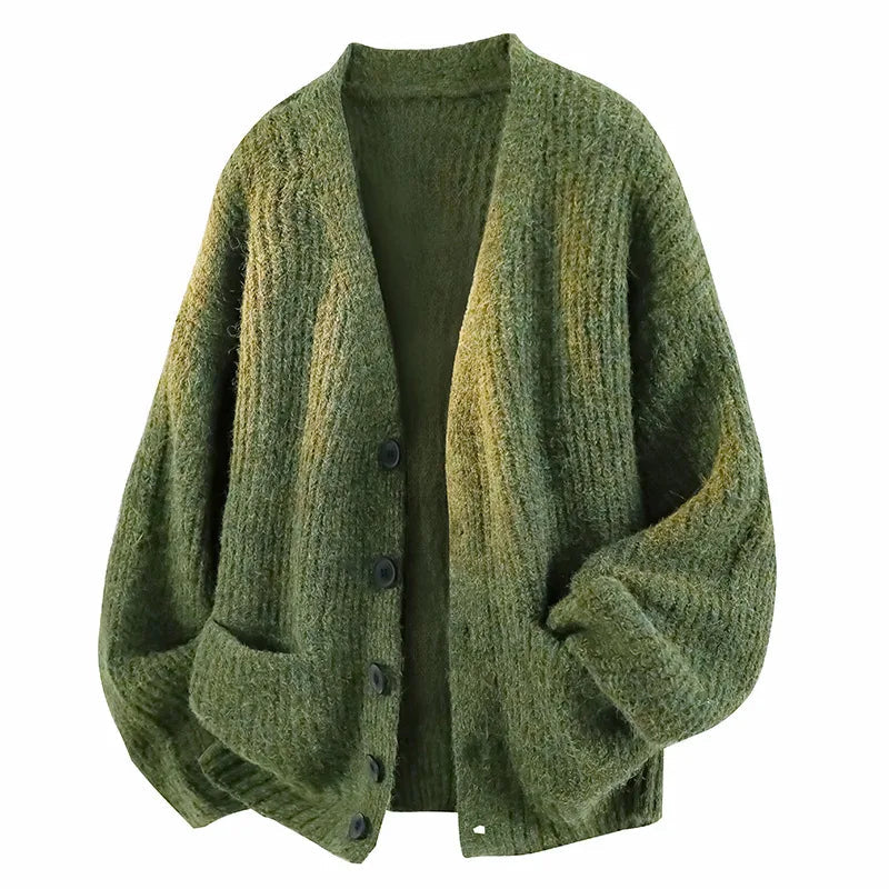 Knit cardigan front view with button placket