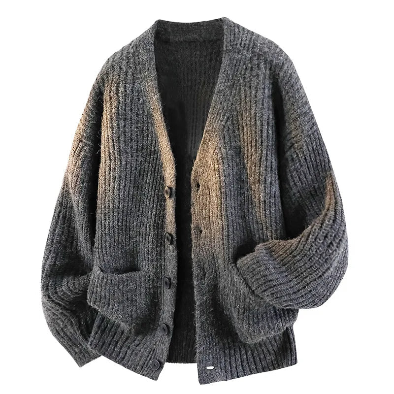 Knit cardigan side view showing oversized fit