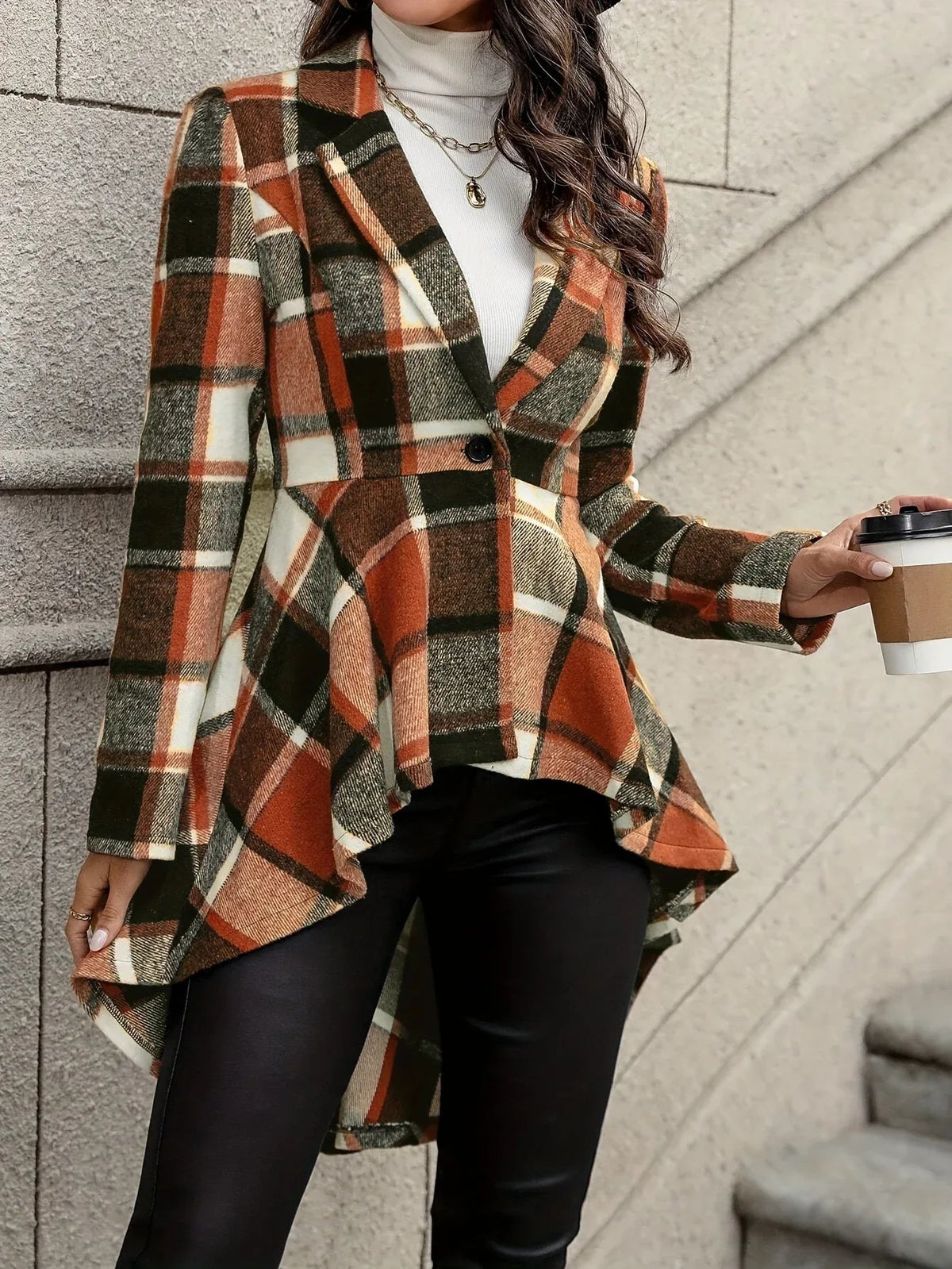 Plaid jacket styled with trousers