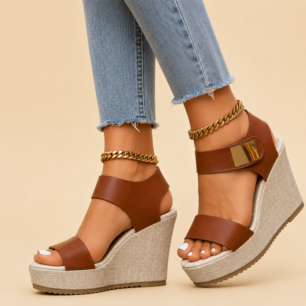 Brown wedge sandal side view with ankle strap