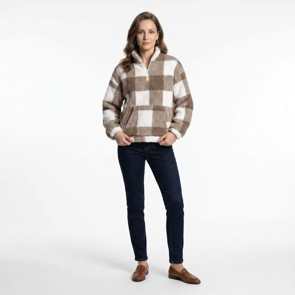 Plush fleece sweater half-zip collar detail