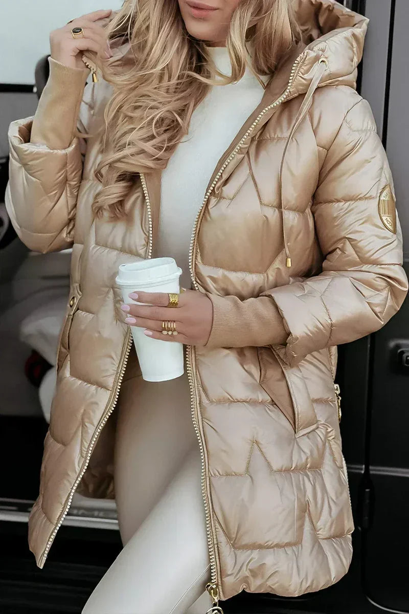 Quilted padded winter coat with hood front view