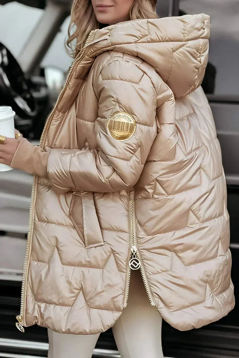 Padded winter coat hood and drawstring detail