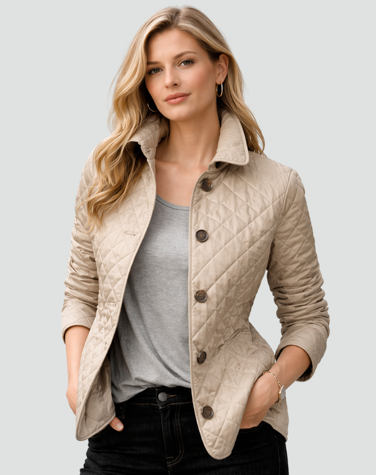 Quilted jacket worn open over outfit