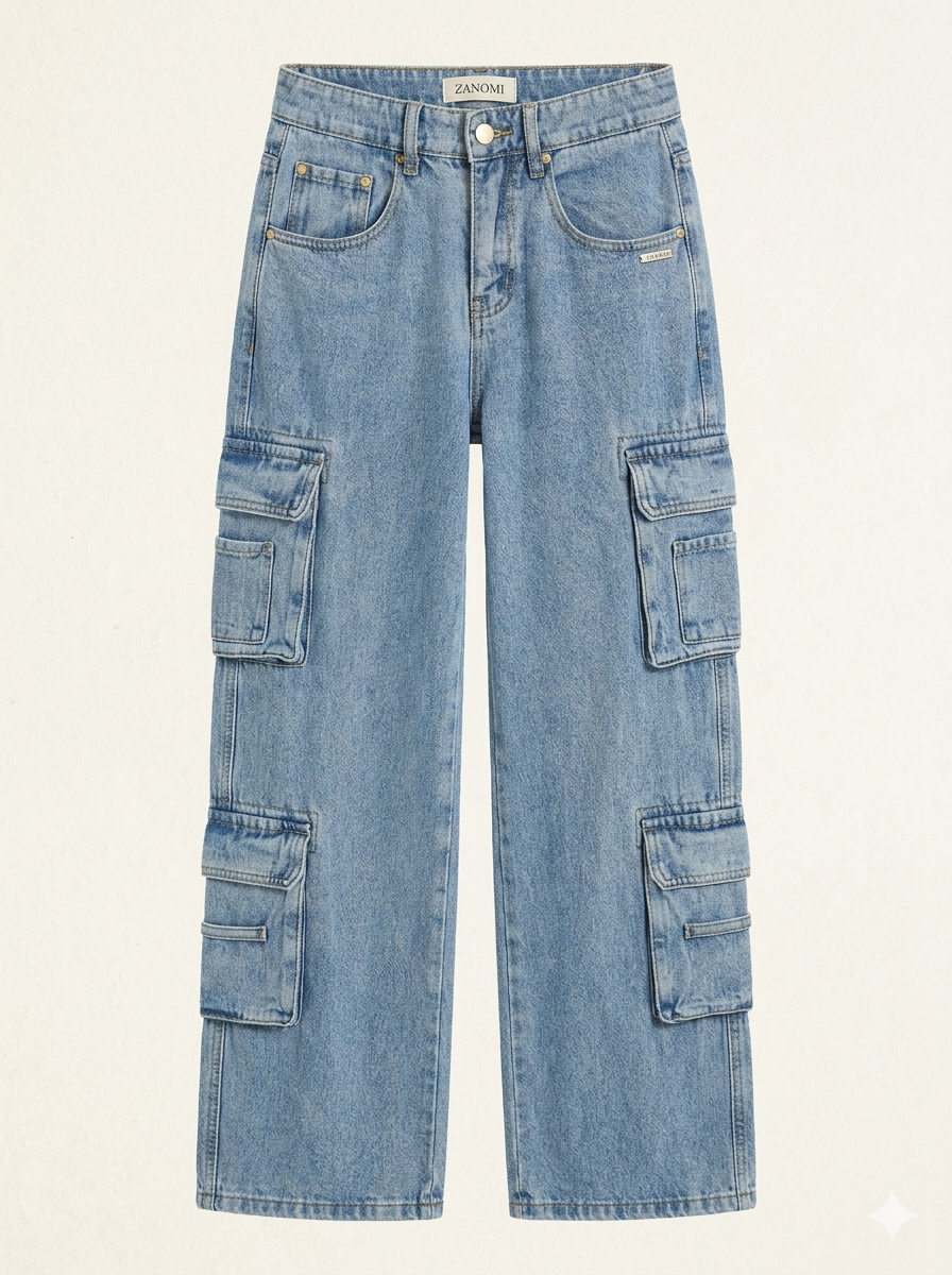 Light blue baggy cargo jeans front view
