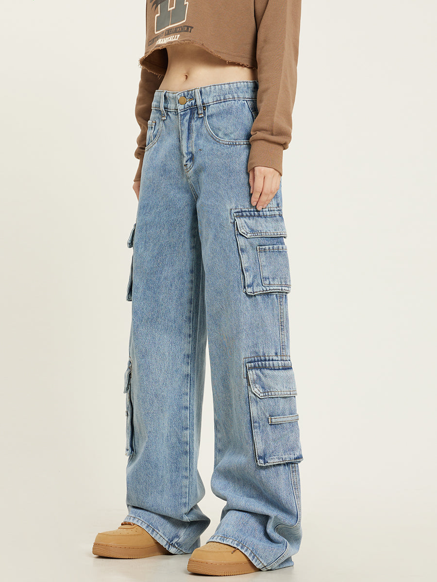 Light blue cargo jeans side view