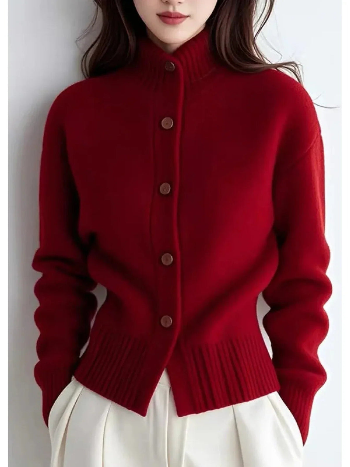 Ribbed mock neck cardigan front view