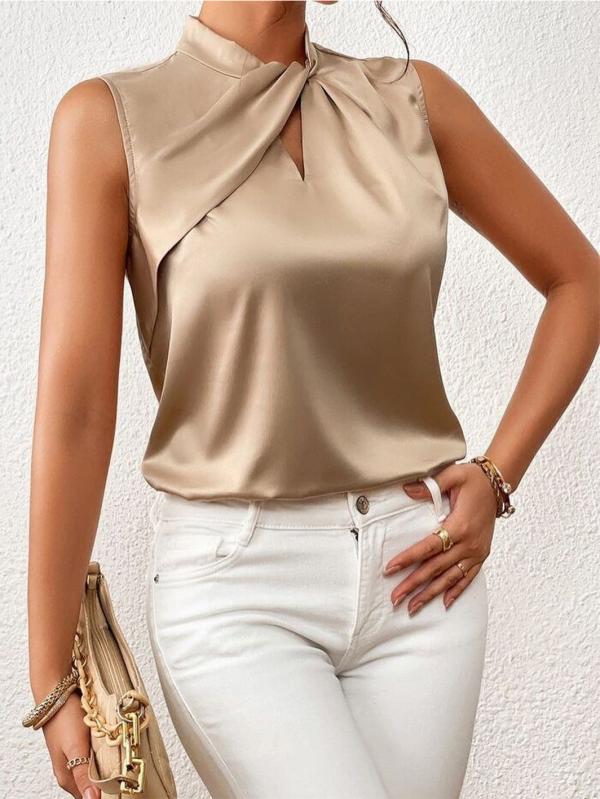 Gold satin sleeveless blouse front view