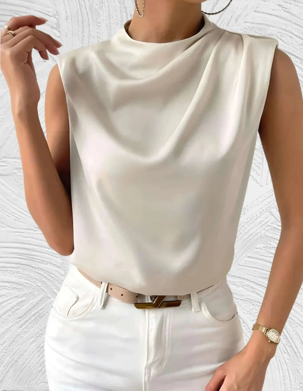 Beige sleeveless blouse front view