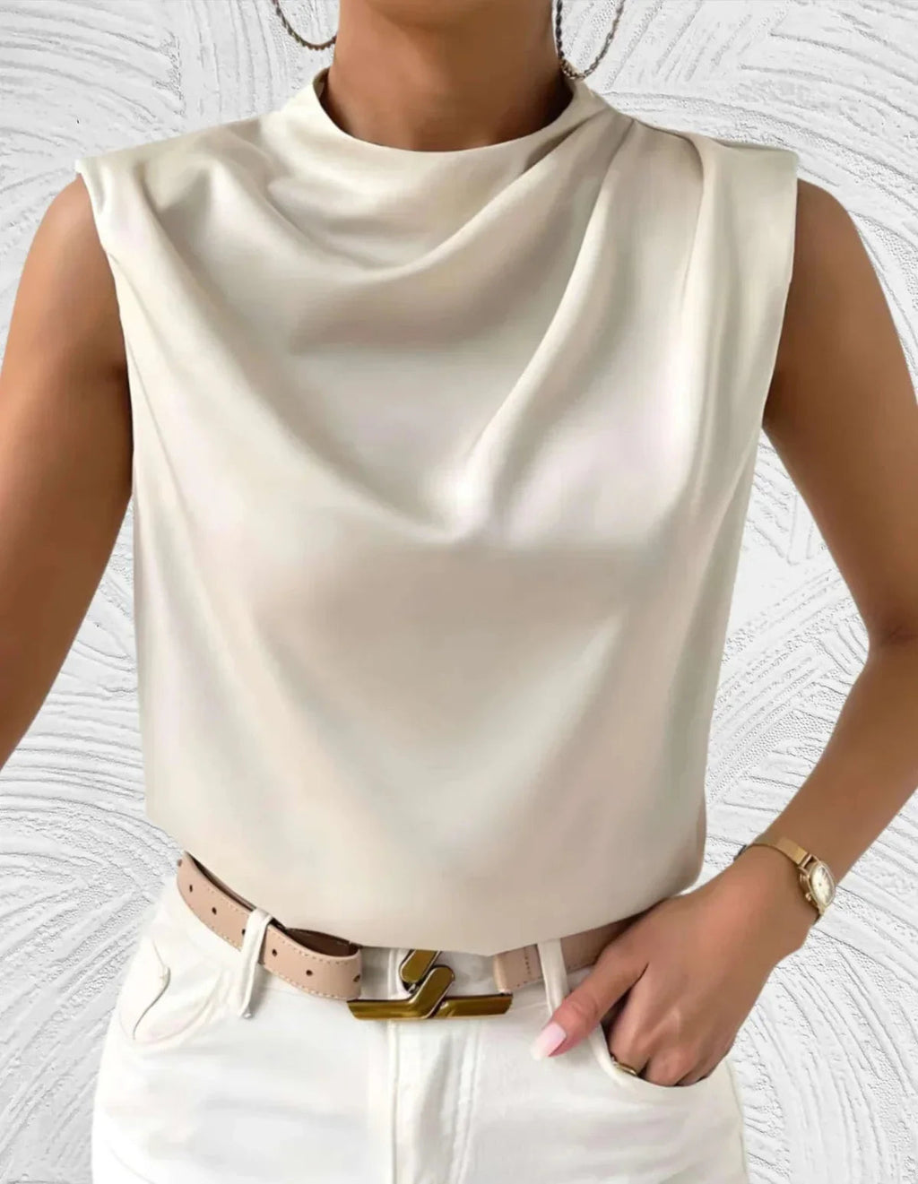 Beige sleeveless blouse side view