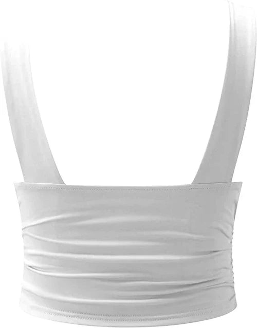 Model wearing sleeveless V-neck top