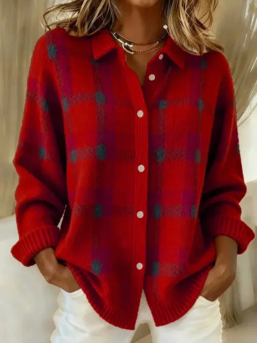 Plaid knit cardigan close-up of collar and buttons