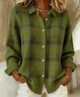 Plaid knit cardigan ribbed cuff detail