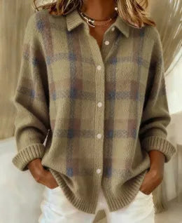 Woman wearing plaid knit cardigan side view