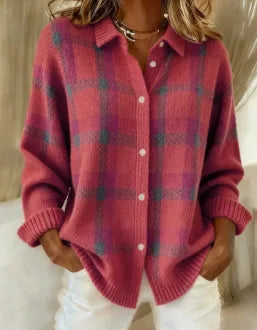 Plaid knit cardigan styled with jeans