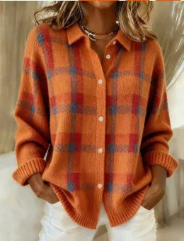 Plaid knit cardigan back view