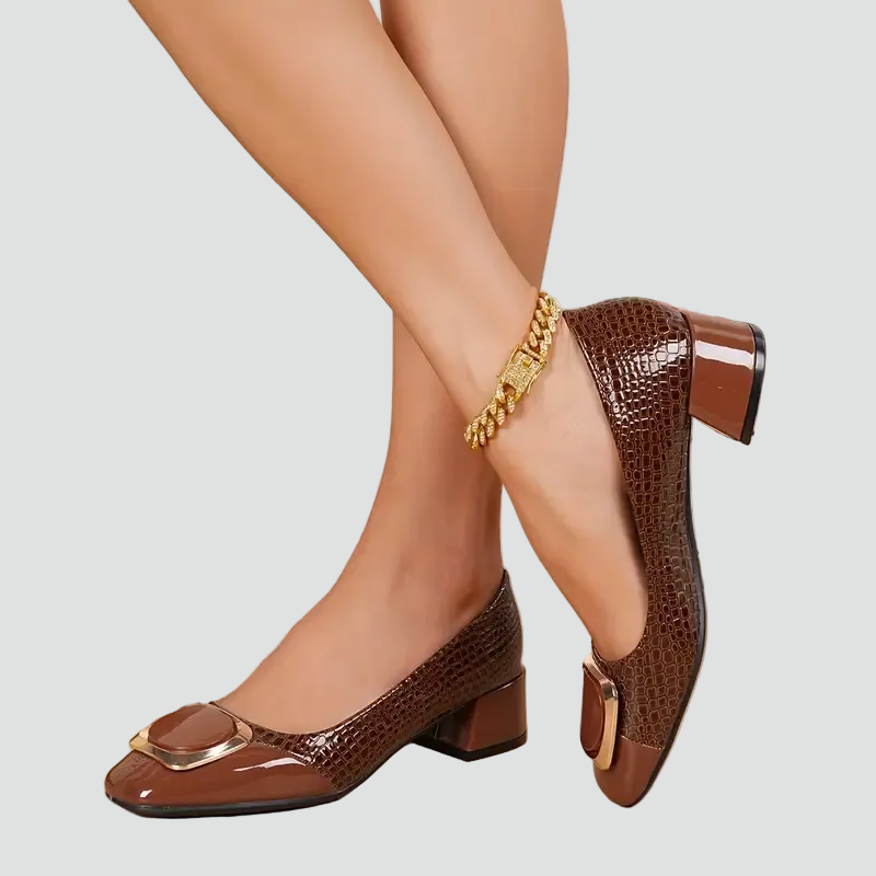 Square toe block heel pumps front view