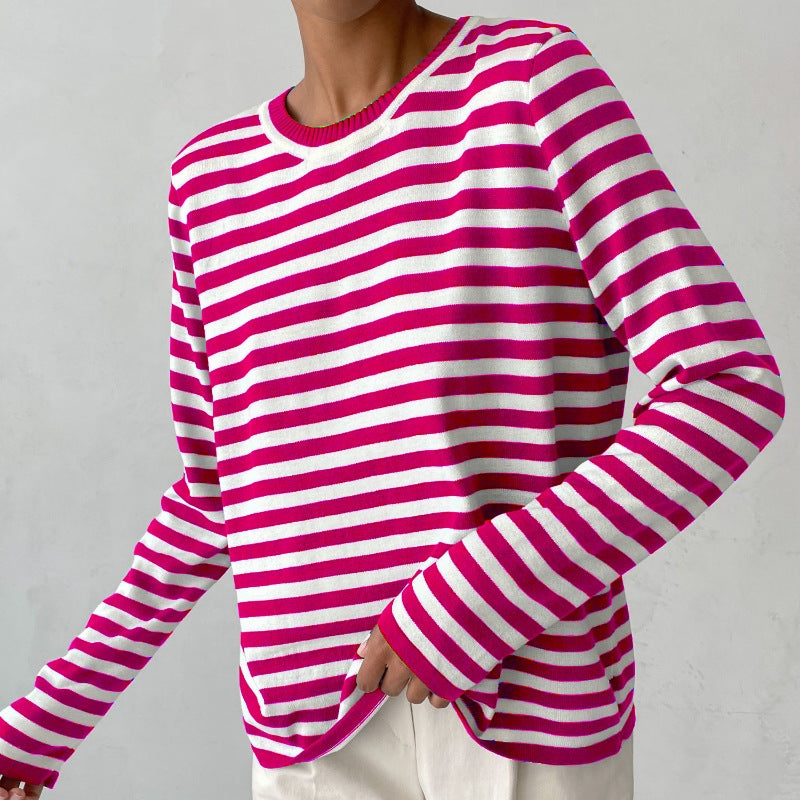 Striped crew neck jumper close-up
