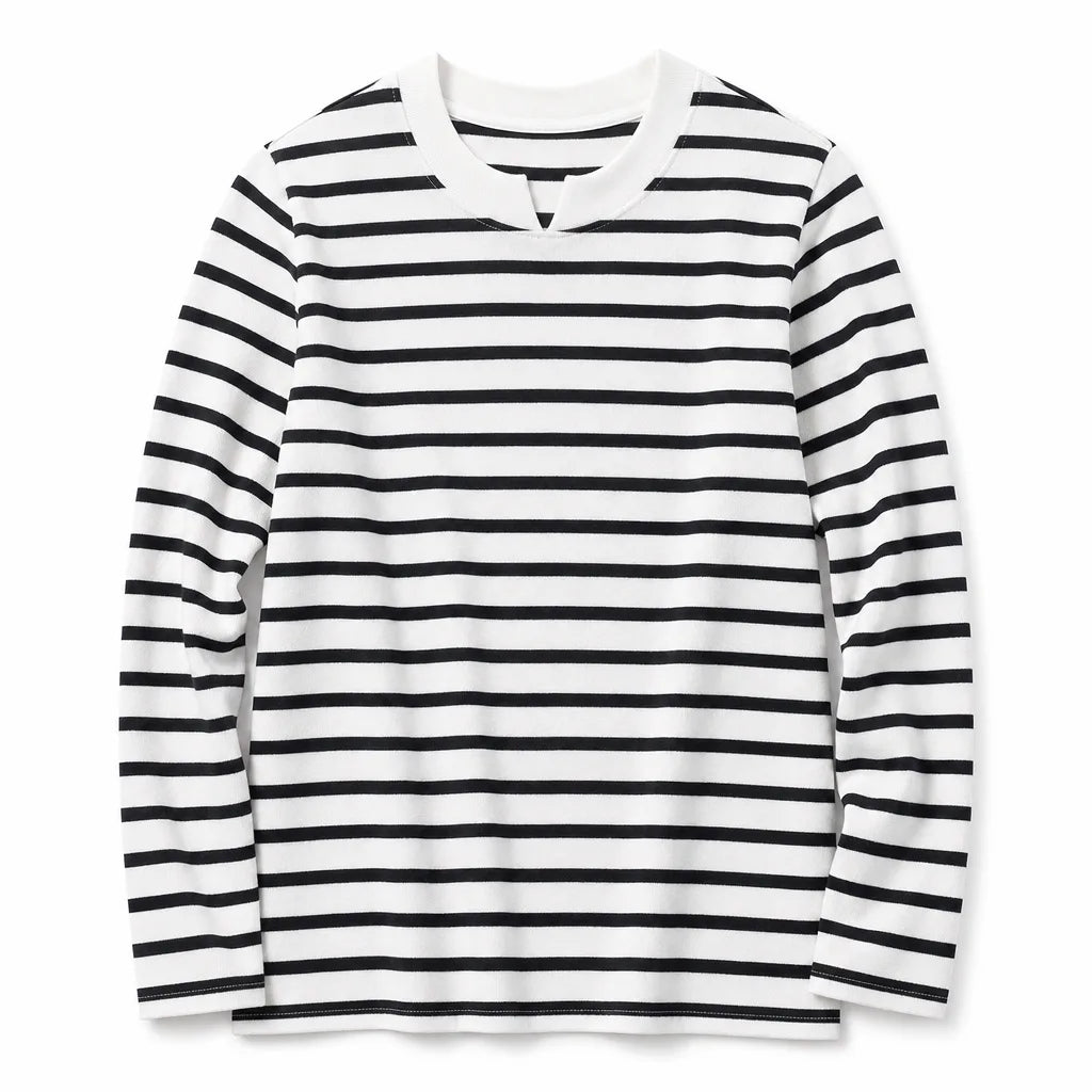 Model wearing striped long sleeve top