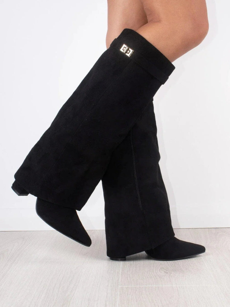 Suede pointed toe boot front view