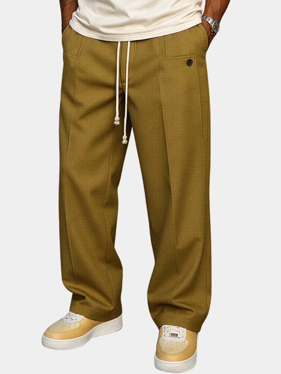 Woman wearing tailored drawstring waist trousers front view