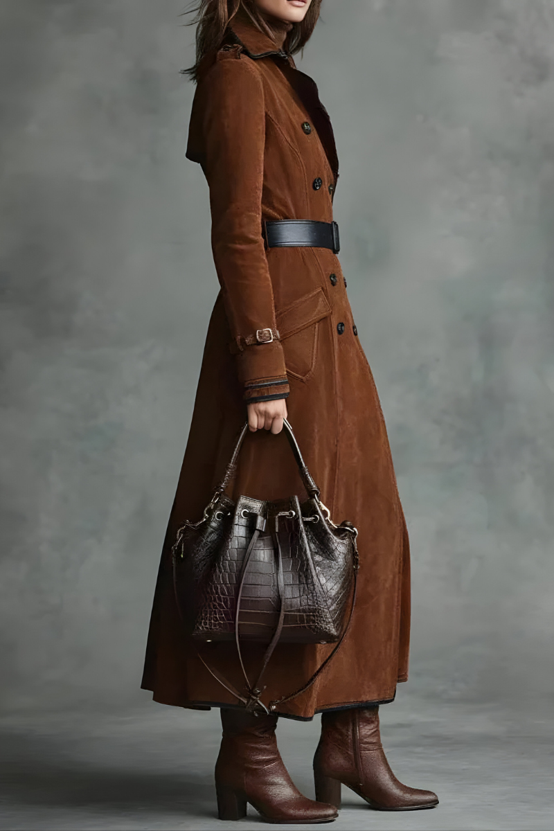 Faux suede long coat styled with jeans