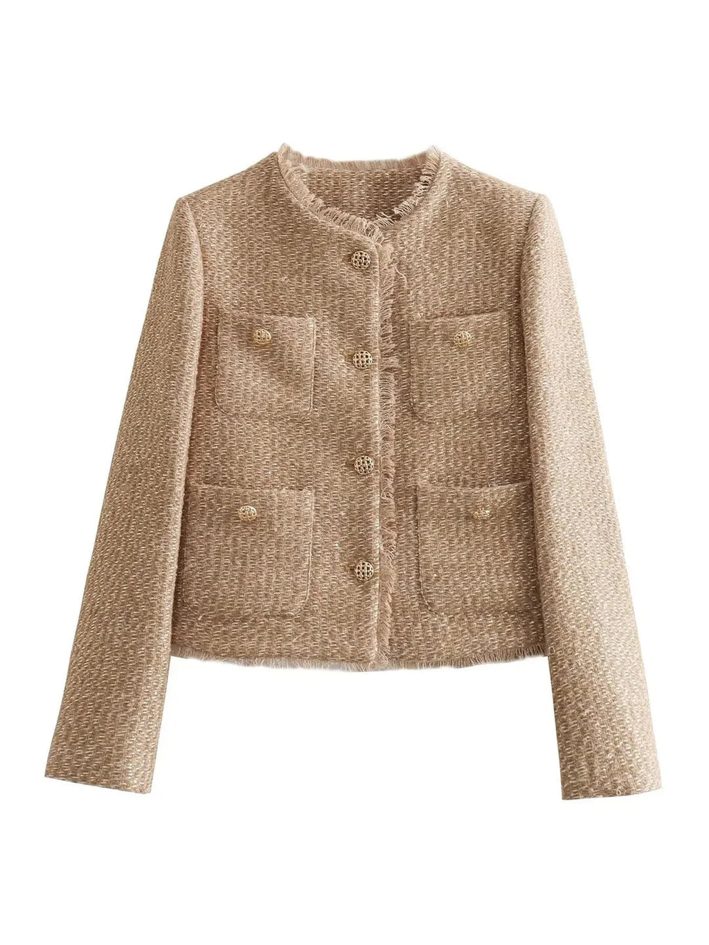 Close-up of blazer button and fabric detail