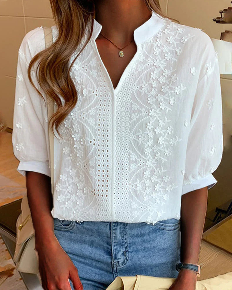 White V-neck short sleeve blouse front view