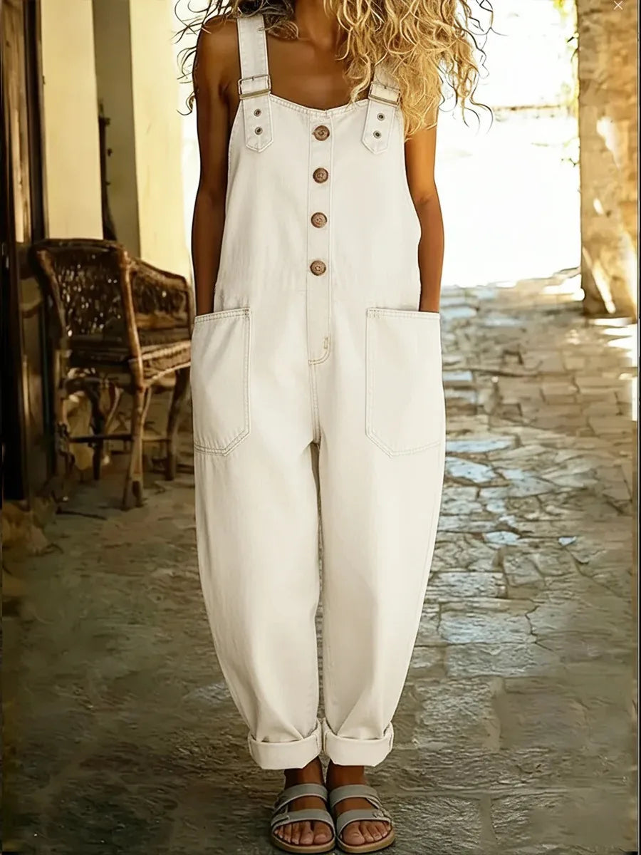 Wide leg denim dungarees with turn-up cuff