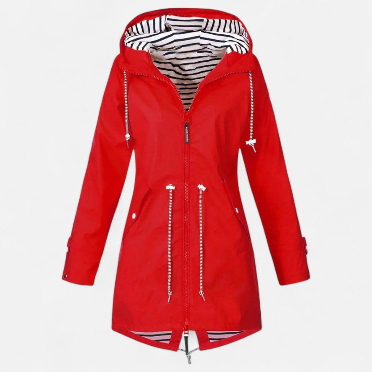 Rain jacket with striped hood lining