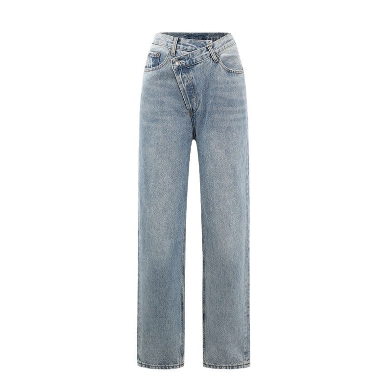Wide-leg light blue denim jeans front view