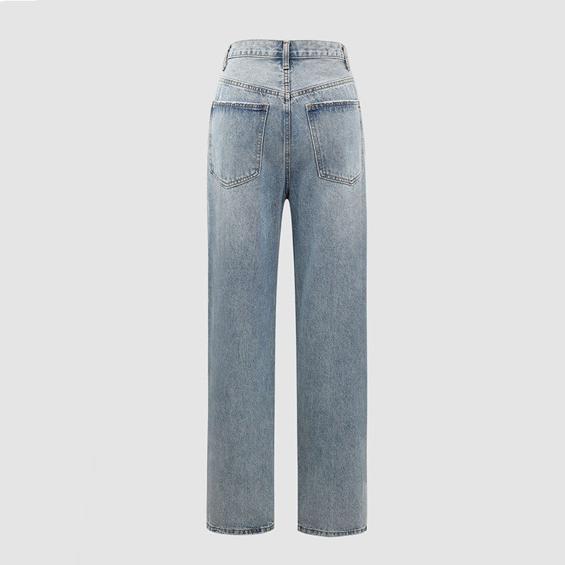 Crossover waistband detail on denim jeans