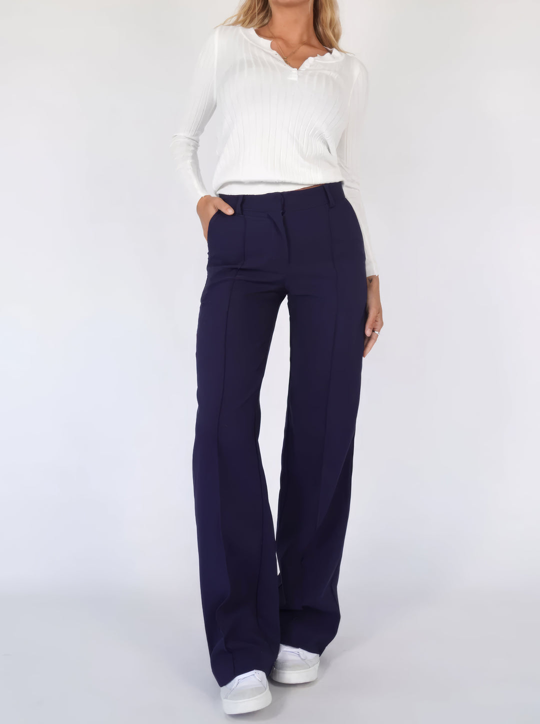 Wide-leg trousers on model