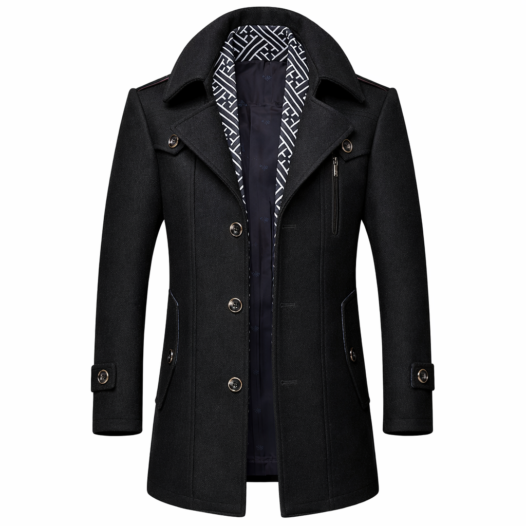 Model wearing long wool coat