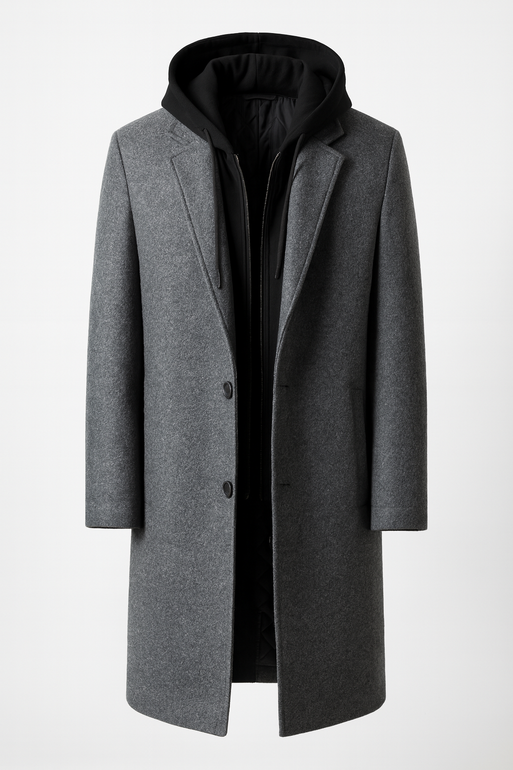 Winter coat front view on model