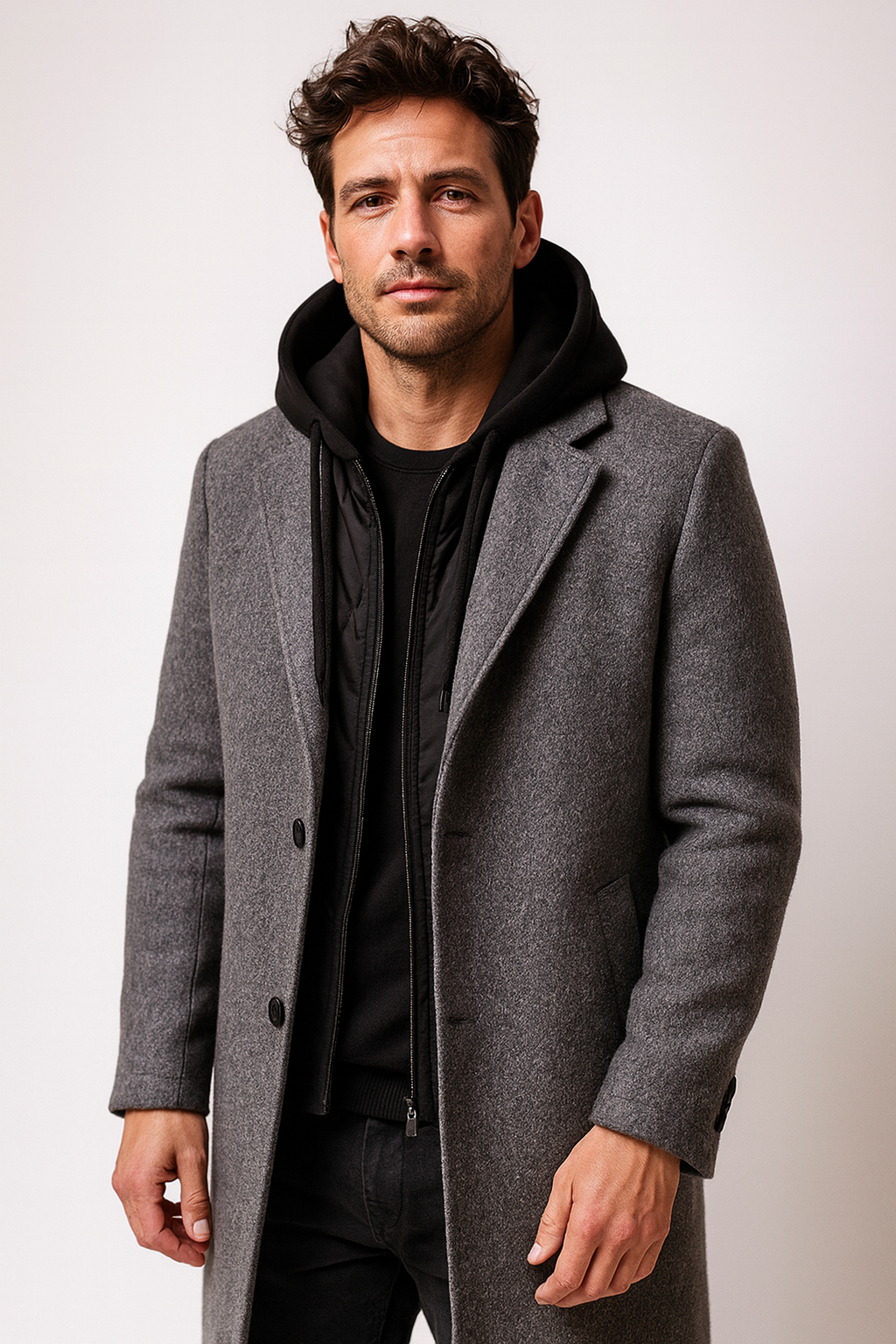 Winter coat styled with knitwear